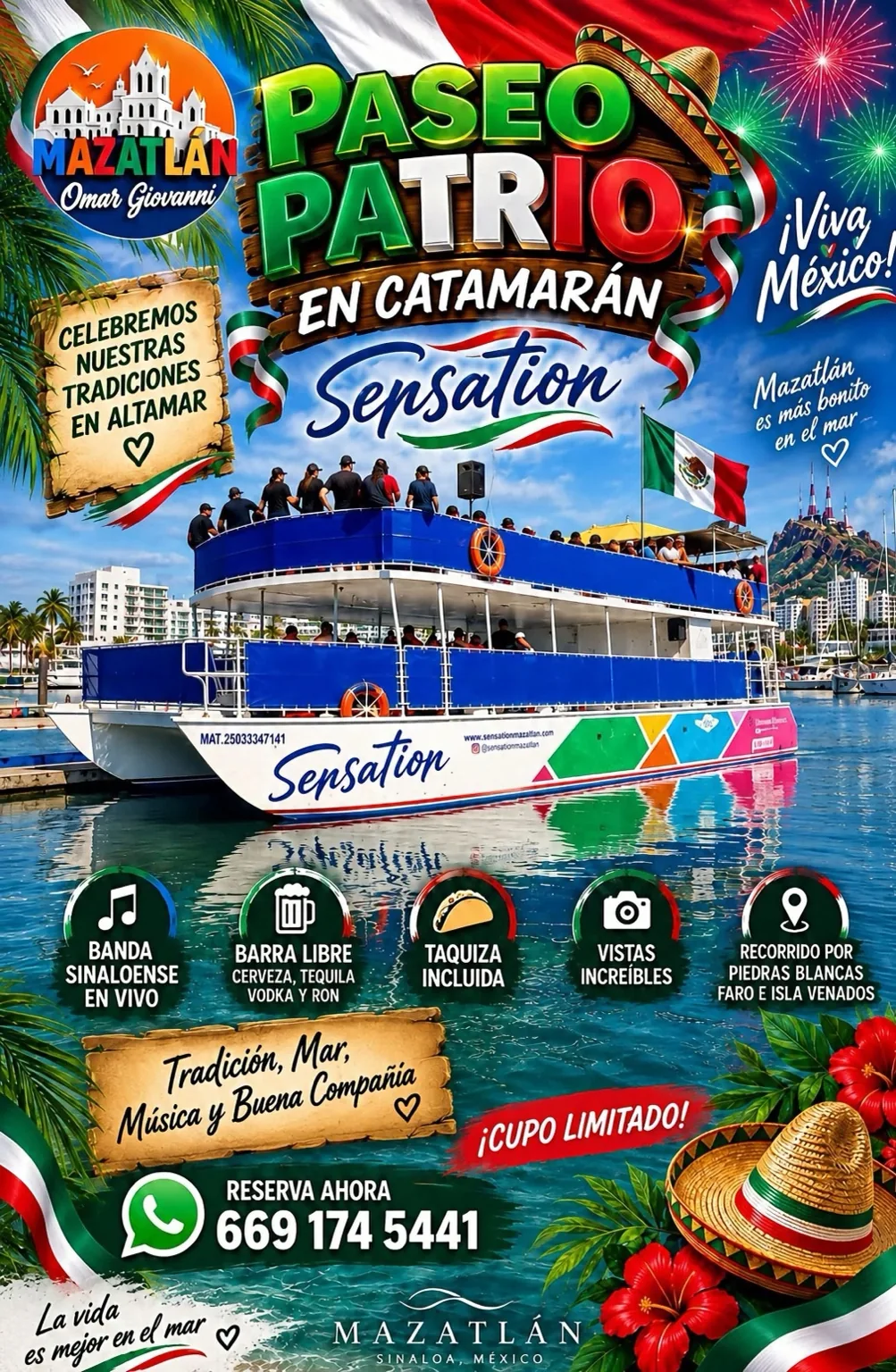 Promoción de paseo patrio en catamarán Sensation, Mazatlán